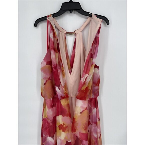 Xscape Women's Size 16 Pink Chiffon Floral Halter Sleeveless A-Line Midi Dress - Picture 9 of 15